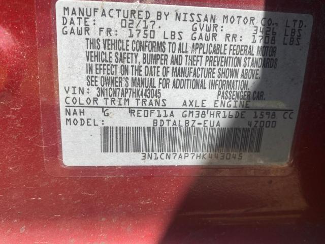 3N1CN7AP7HK443045 Nissan Versa S 2017. Фото: 9