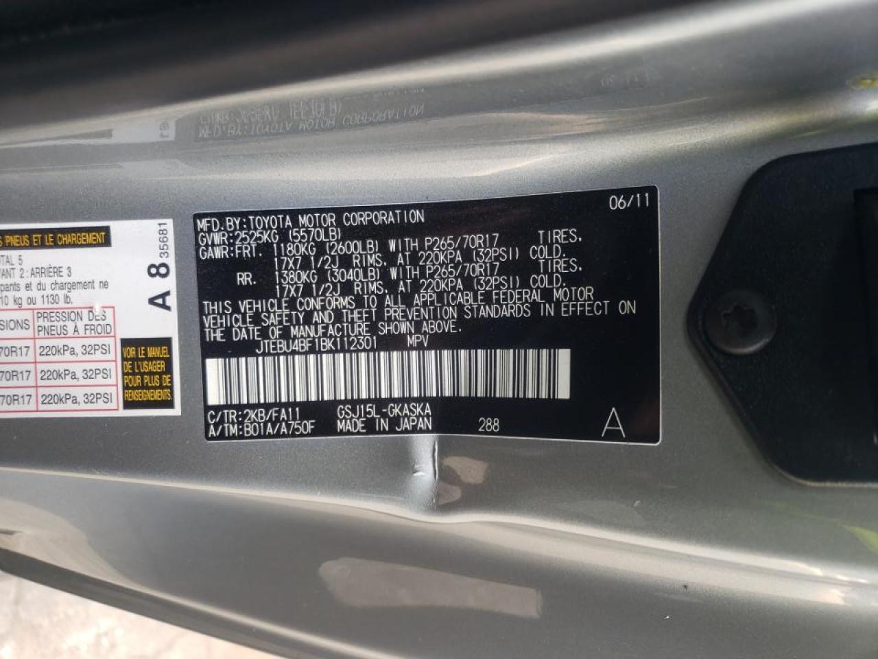 2011 Toyota Fj Cruiser VIN: JTEBU4BF1BK112301 Lot: 58303495