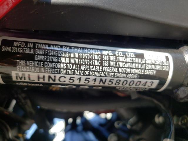 2022 HONDA CBR300 RA MLHNC5151N5800043