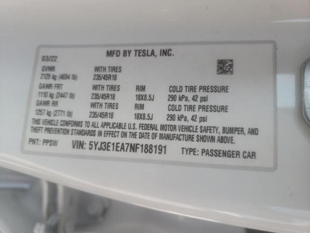 5YJ3E1EA7NF188191 | 2022 TESLA MODEL 3