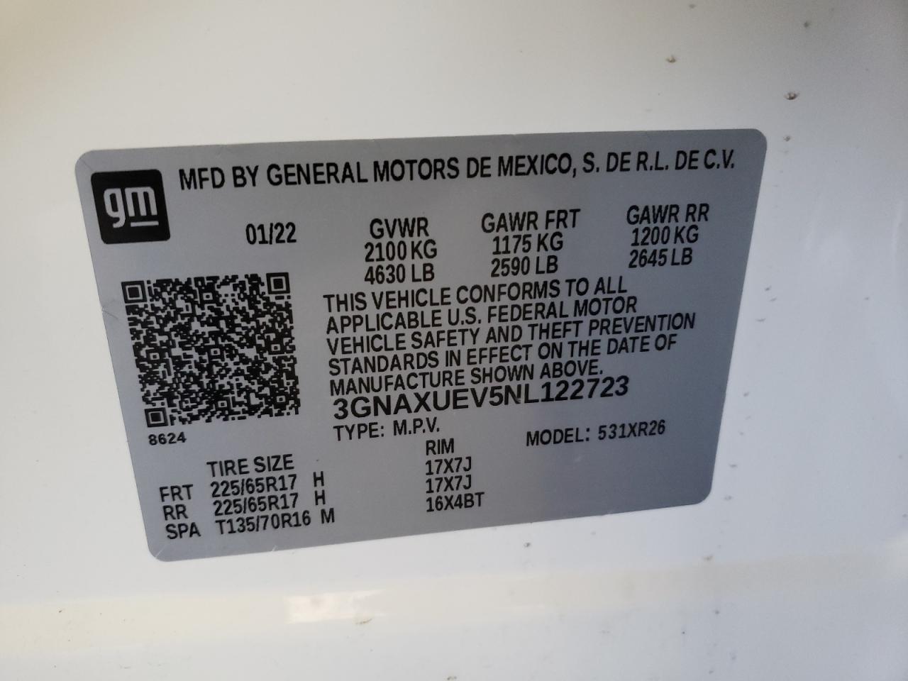 3GNAXUEV5NL122723 CHEVROLET EQUINOX 2022
