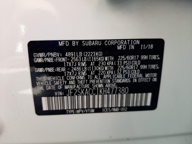 2019 SUBARU FORESTER JF2SKACC1KH477380