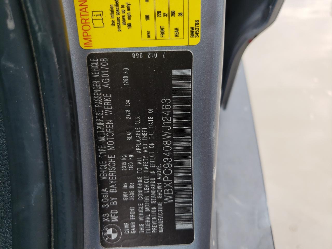 2008 BMW X3 3.0Si VIN: WBXPC93408WJ12463 Lot: 47922822