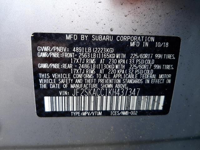 2019 SUBARU FORESTER JF2SKACC1KH437347