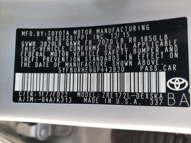 2016 TOYOTA COROLLA S 5YFBURHE6GP443920