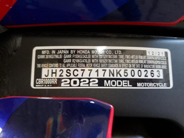 2022 HONDA CBR1000RR JH2SC7717NK500263