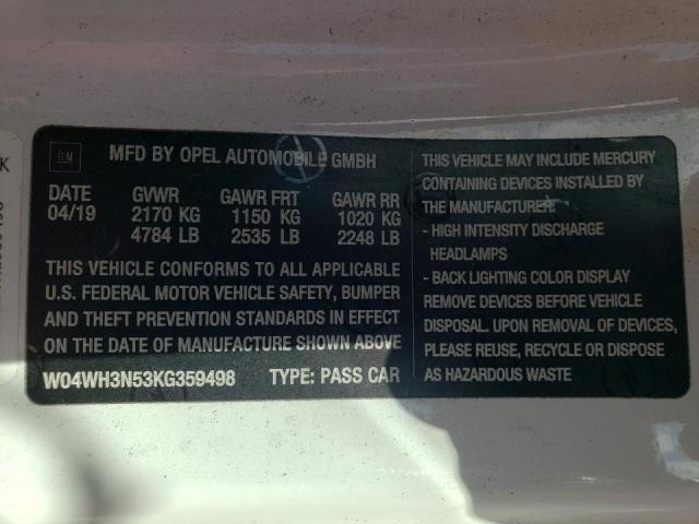 2019 BUICK CASCADA PR W04WH3N53KG359498