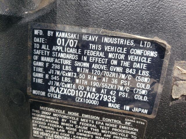 2007 KAWASAKI ZX1000 D JKAZXCD107A027933