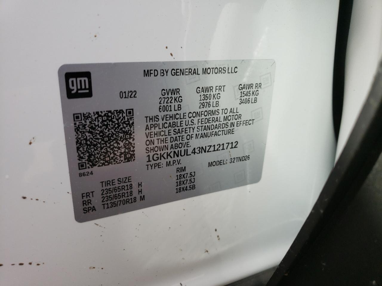 1GKKNUL43NZ121712 2022 GMC Acadia Slt