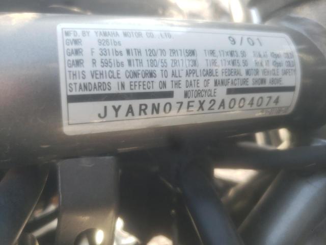 2002 YAMAHA FZS10 JYARN07EX2A004074