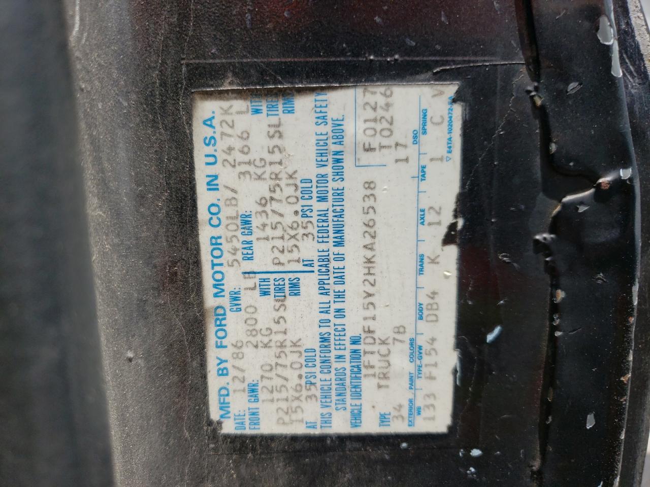 1987 Ford F150 VIN: 1FTDF15Y2HKA26538 Lot: 44108295