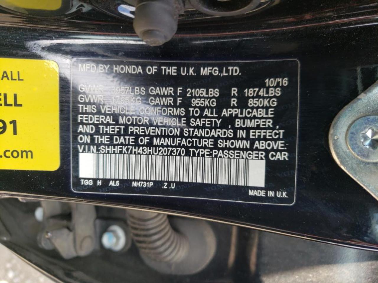 SHHFK7H43HU207370 HONDA CIVIC 2017