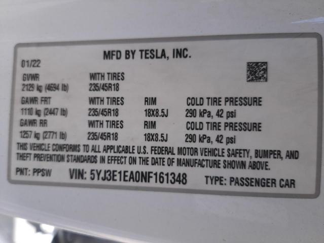 2022 TESLA MODEL 3 - 5YJ3E1EA0NF161348