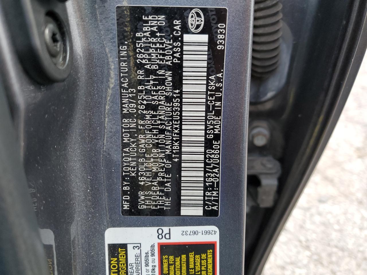 2014 Toyota Camry Se VIN: 4T1BK1FKXEU539514 Lot: 59586802