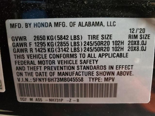 2021 HONDA PILOT BLAC 5FNYF6H73MB045558