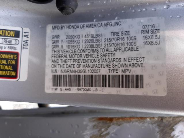VIN: 5J6RM4H35GL102057 Auction: COPART Lot: 53457632 Location: NY - LONG ISLAND 5J6RM4H35GL102057 HONDA CRV 2016 GRAY Photo 10