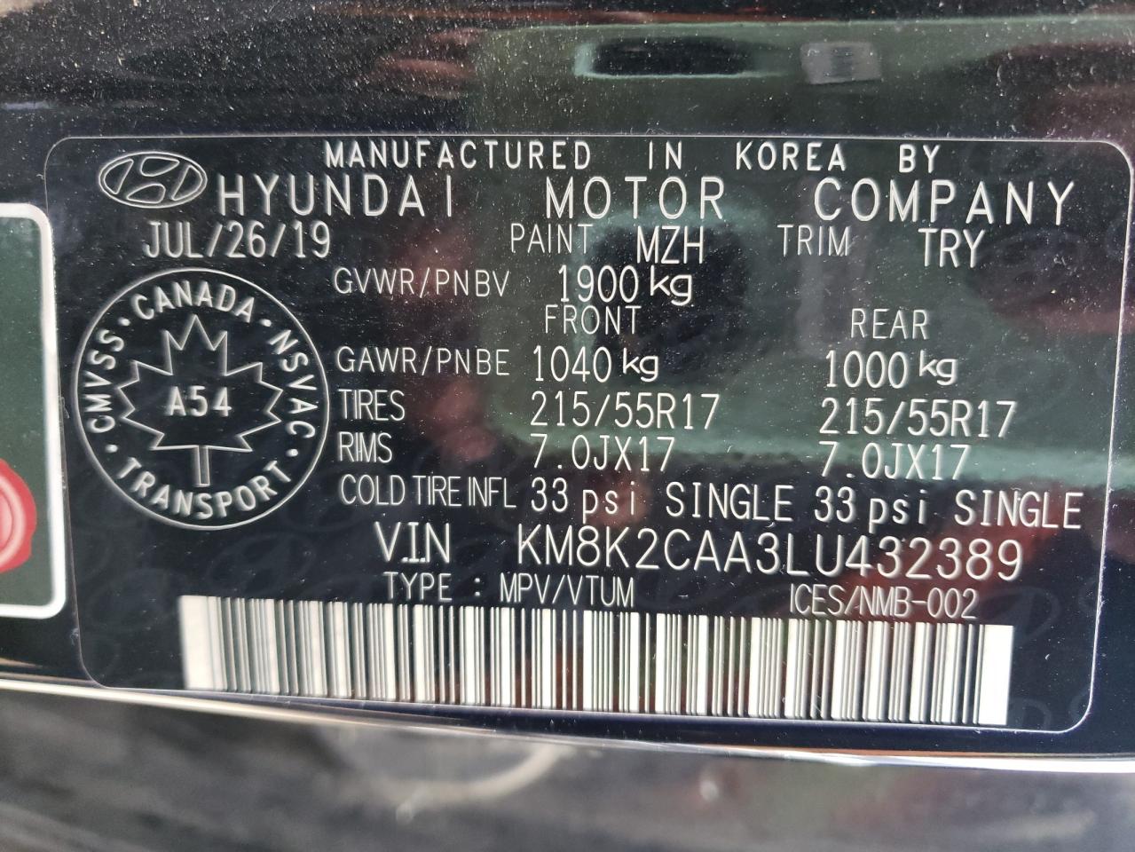 2020 Hyundai Kona Sel VIN: KM8K2CAA3LU432389 Lot: 59184392