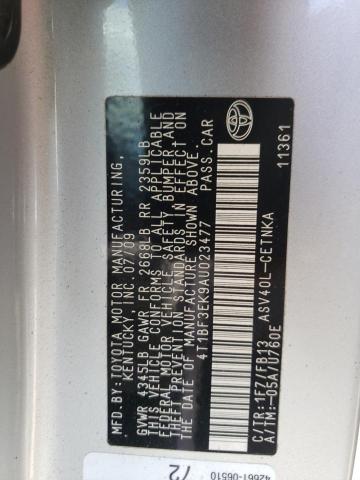 VIN: 4T1BF3EK9AU023477 Auction: COPART Lot: 71834453 Location: SC - SPARTANBURG 4T1BF3EK9AU023477 TOYOTA CAMRY 2010 SILVER Photo 10