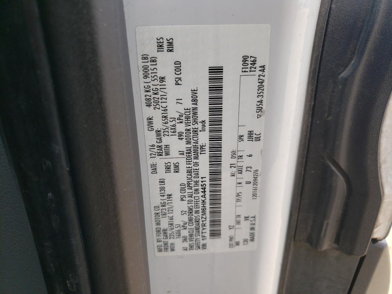 1FTYR1ZM6HKA44511 FORD TRANSIT 2017