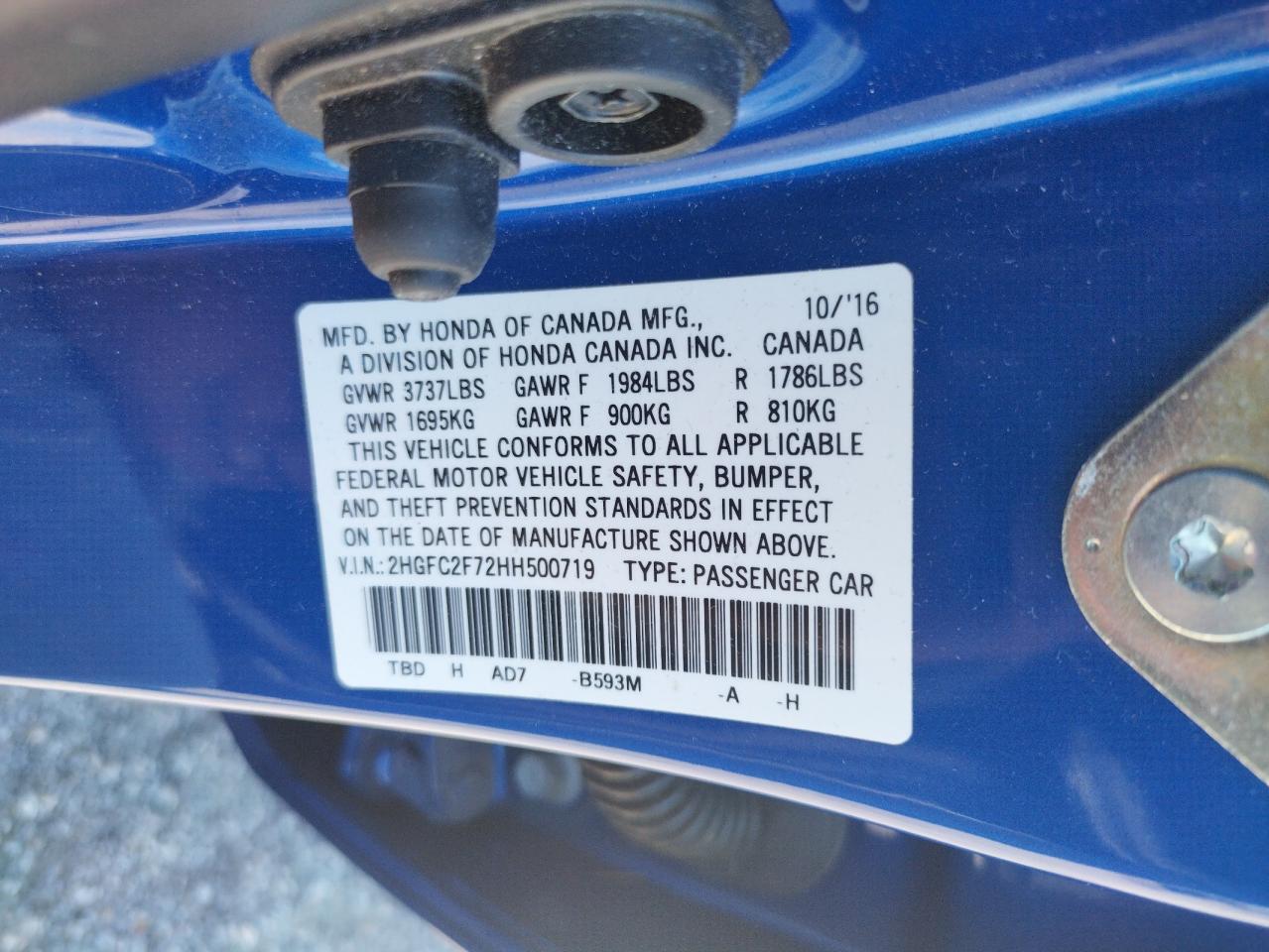 2HGFC2F72HH500719 HONDA CIVIC 2017