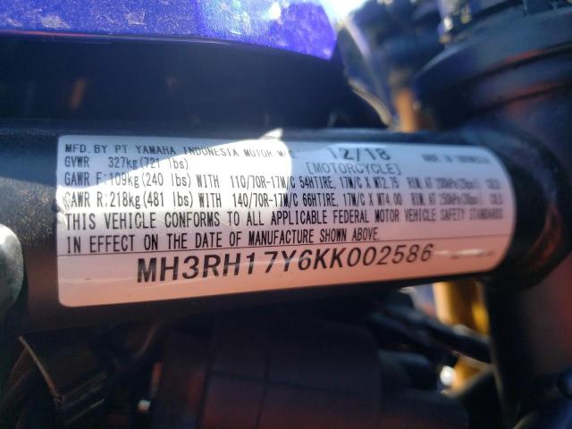 2019 YAMAHA YZFR3 MH3RH17Y6KK002586