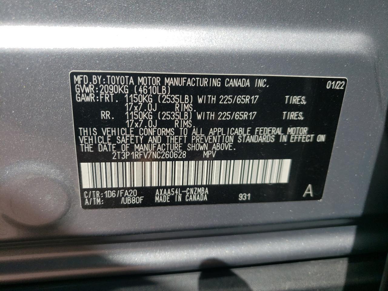2T3P1RFV7NC260628 TOYOTA RAV4 2022