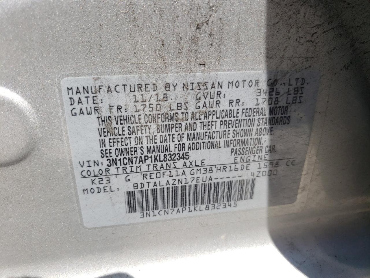 3N1CN7AP1KL832345 NISSAN VERSA 2019
