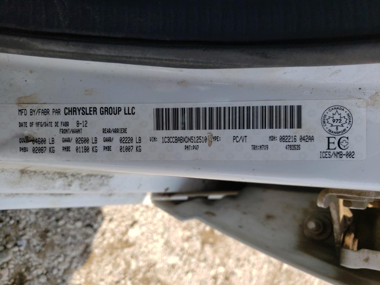 2013 Chrysler 200 Lx VIN: 1C3CCBABXDN512510 Lot: 61550385