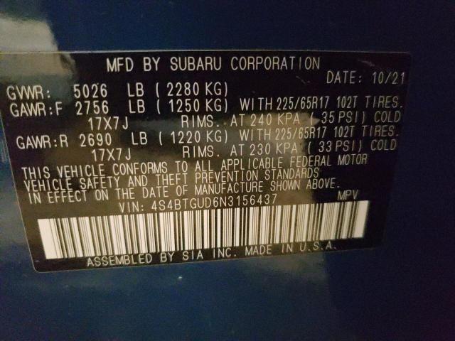 2022 SUBARU OUTBACK WI 4S4BTGUD6N3156437