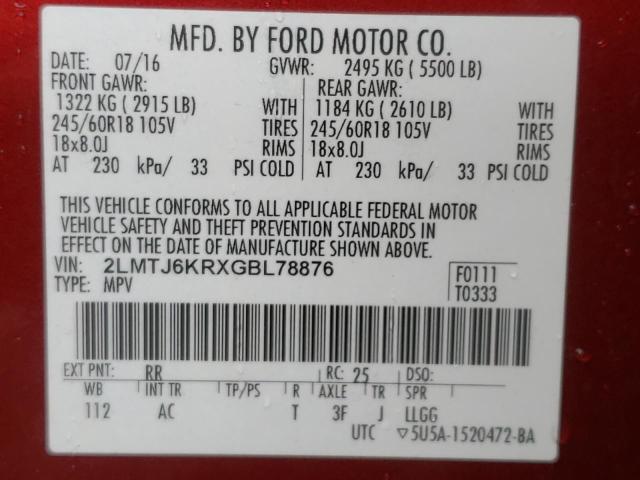 2016 LINCOLN MKX SELECT 2LMTJ6KRXGBL78876