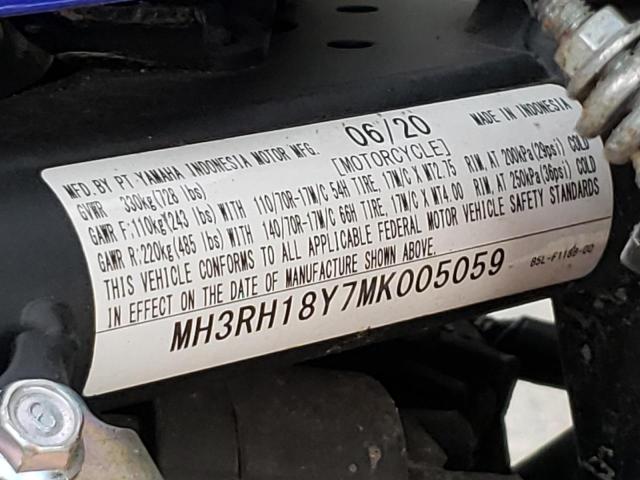 2021 YAMAHA YZFR3 A MH3RH18Y7MK005059