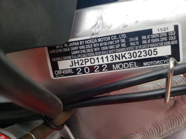 2022 HONDA CRF450 L JH2PD1113NK302305