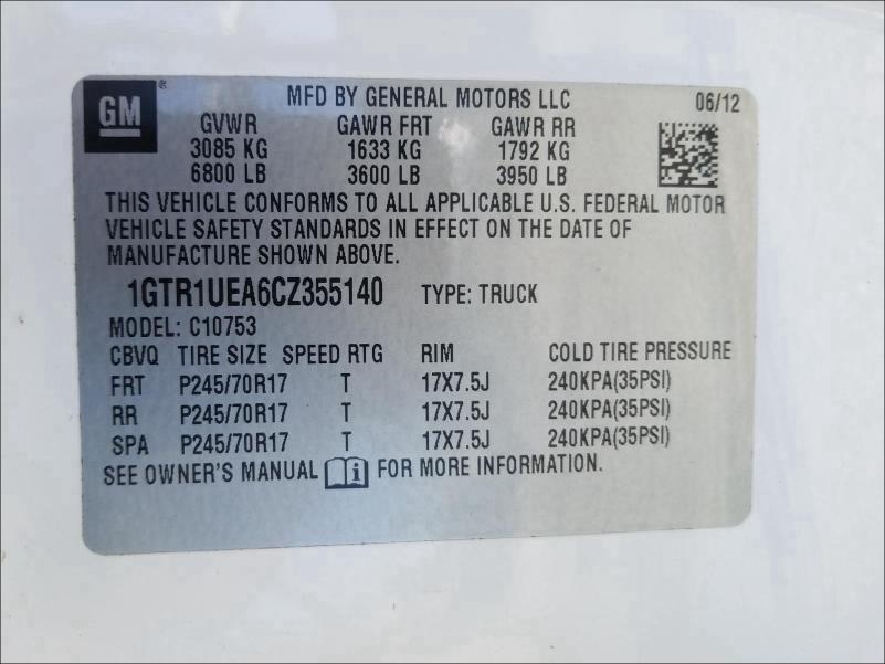 2012 GMC SIERRA C15 1GTR1UEA6CZ355140