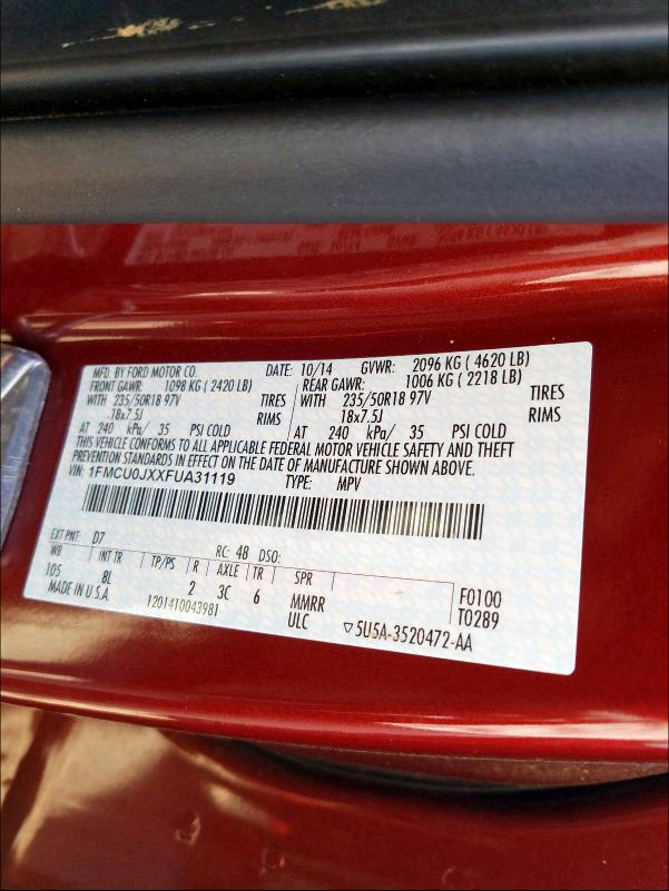 2015 FORD ESCAPE, 1FMCU0JXXFUA31119 - 10