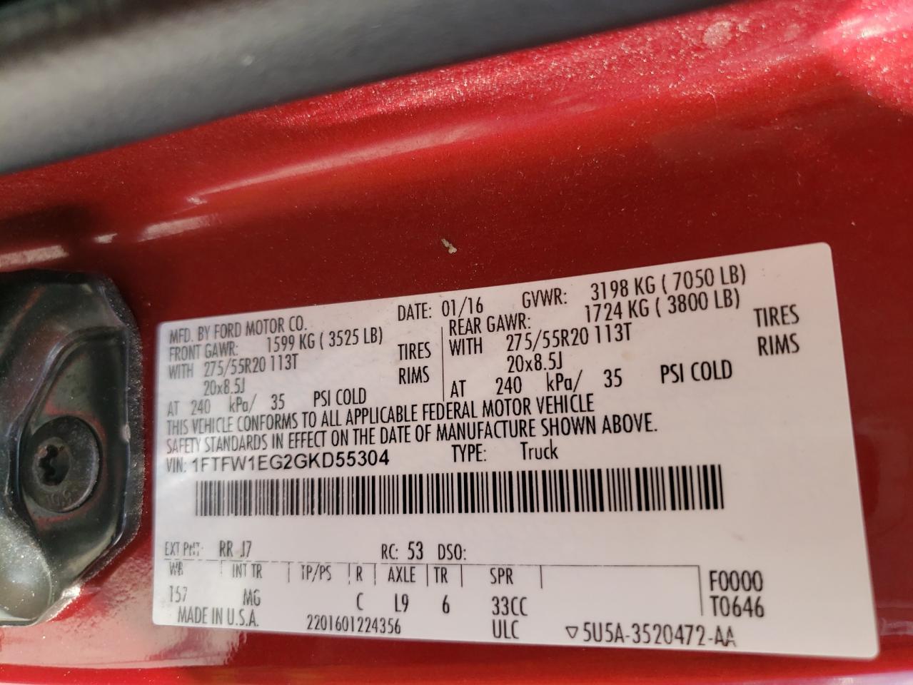 1FTFW1EG2GKD55304 FORD F-150 2016
