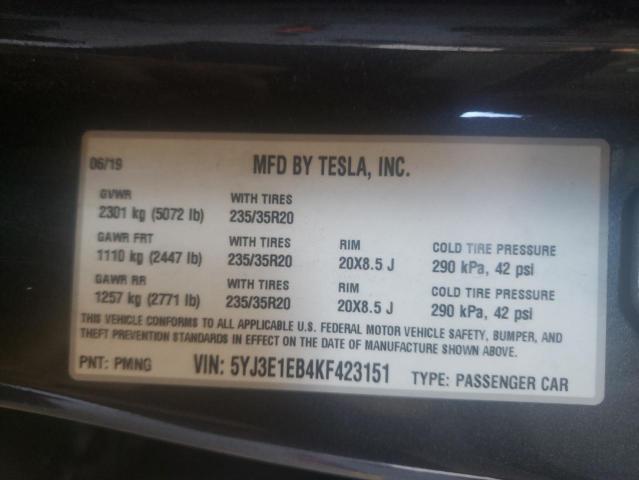2019 TESLA 3 5YJ3E1EB4KF423151