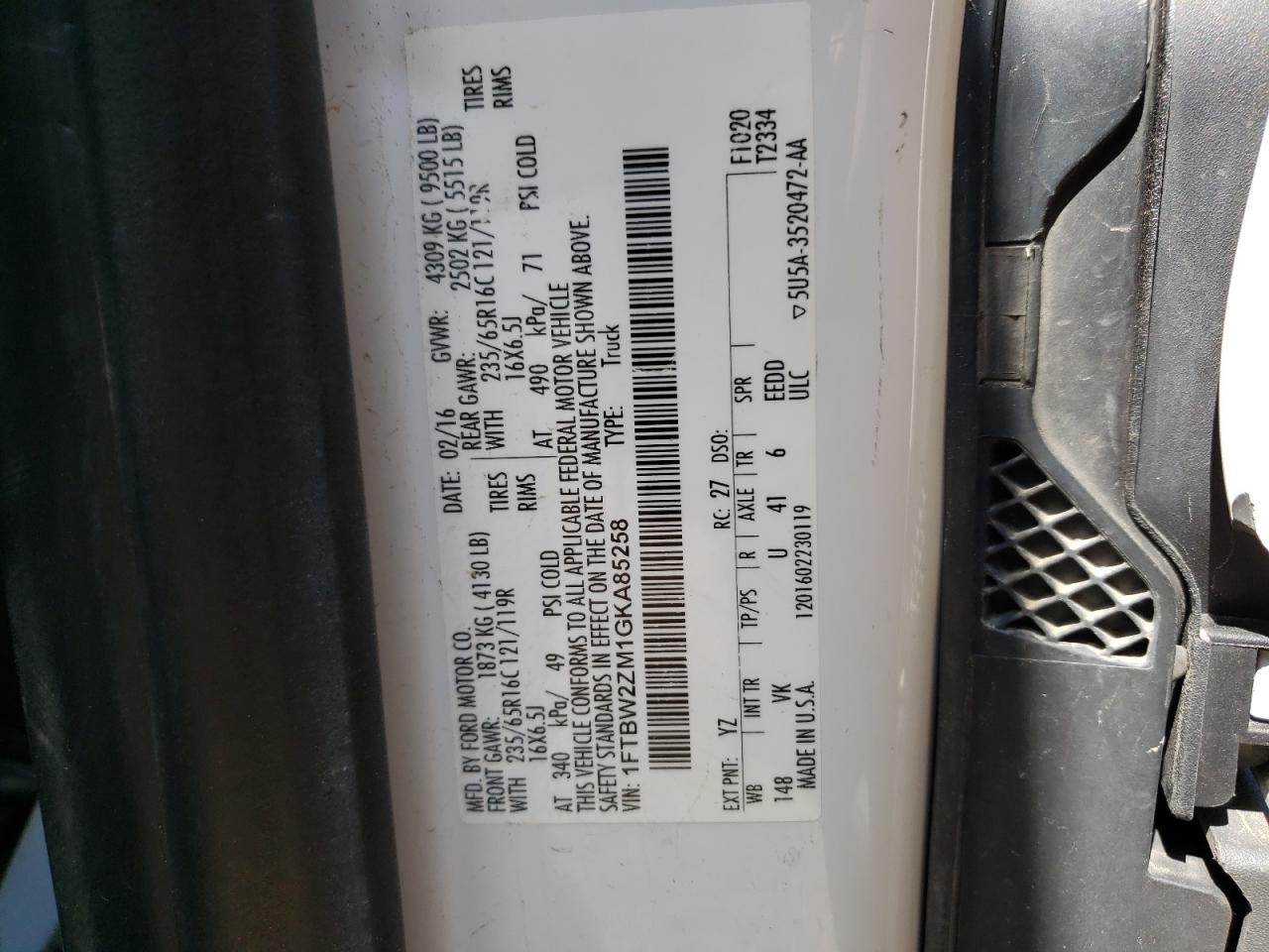 1FTBW2ZM1GKA85258 FORD TRANSIT 2016
