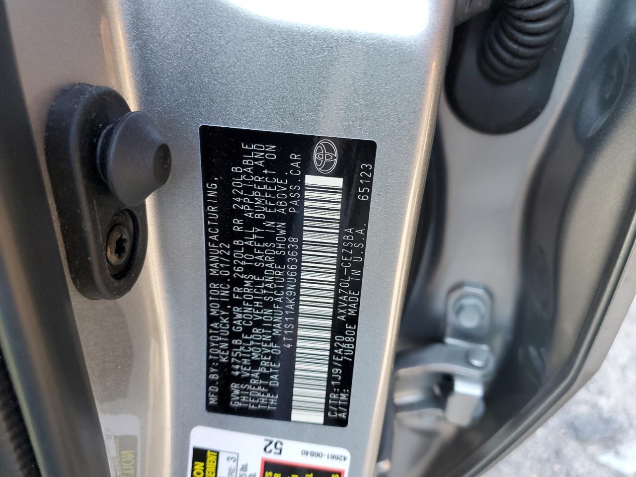 4T1S11AK9NU663638 TOYOTA CAMRY 2022