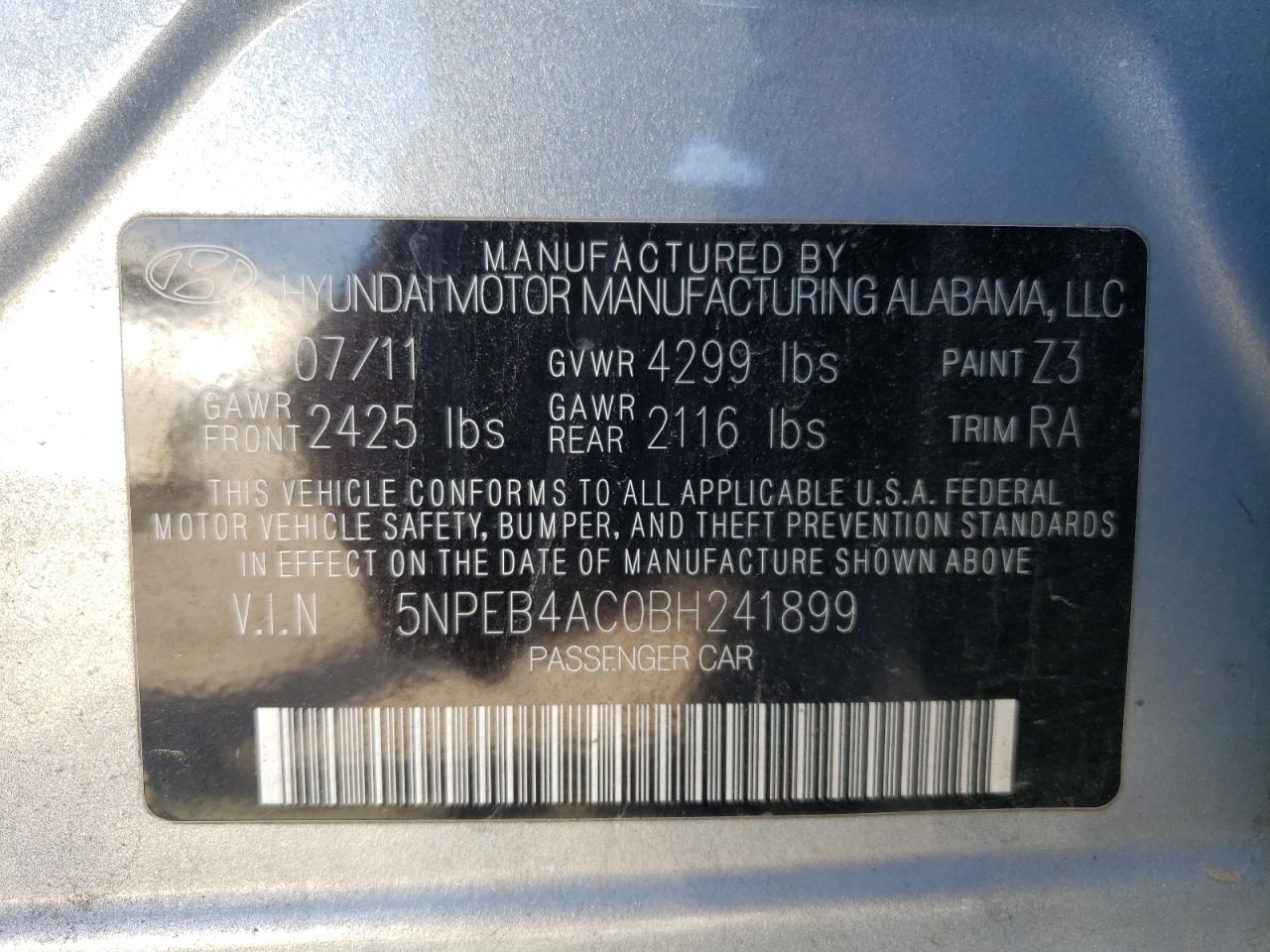 5NPEB4AC0BH241899 2011 Hyundai Sonata Gls