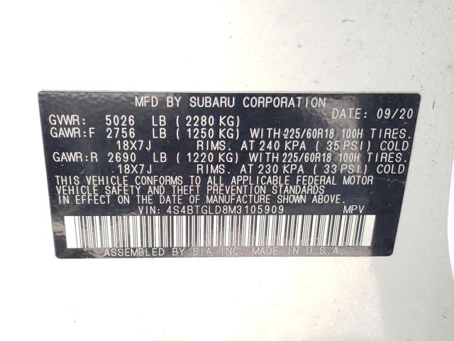 2021 SUBARU OUTBACK ON 4S4BTGLD8M3105909