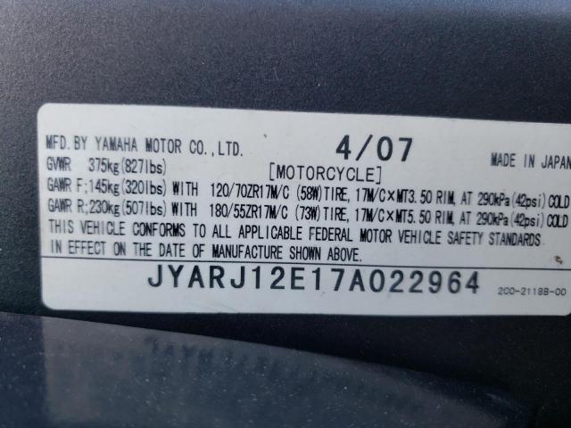 2007 YAMAHA YZFR6 L JYARJ12E17A022964