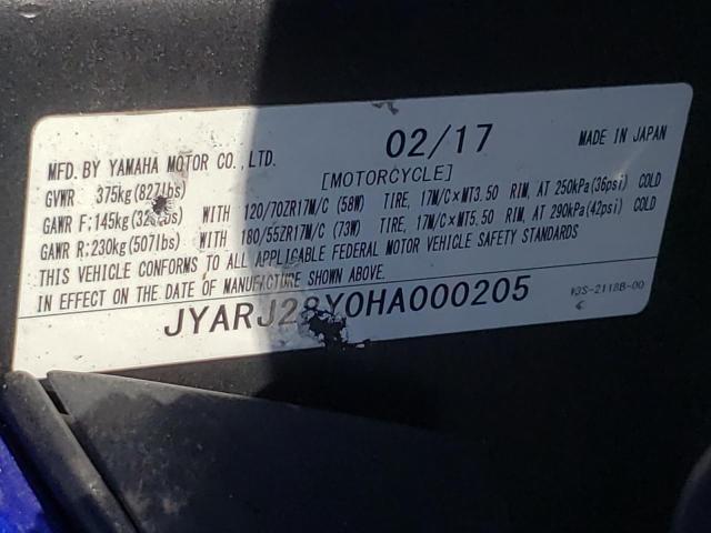2017 YAMAHA YZFR6 C JYARJ28Y0HA000205