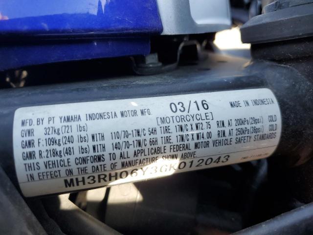 2016 YAMAHA YZFR3 MH3RH06Y3GK012043