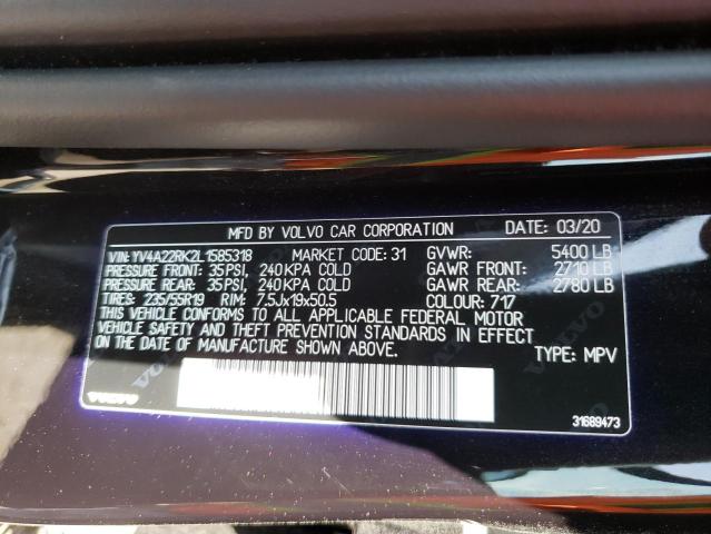2020 VOLVO XC60 T6 MO YV4A22RK2L1585318