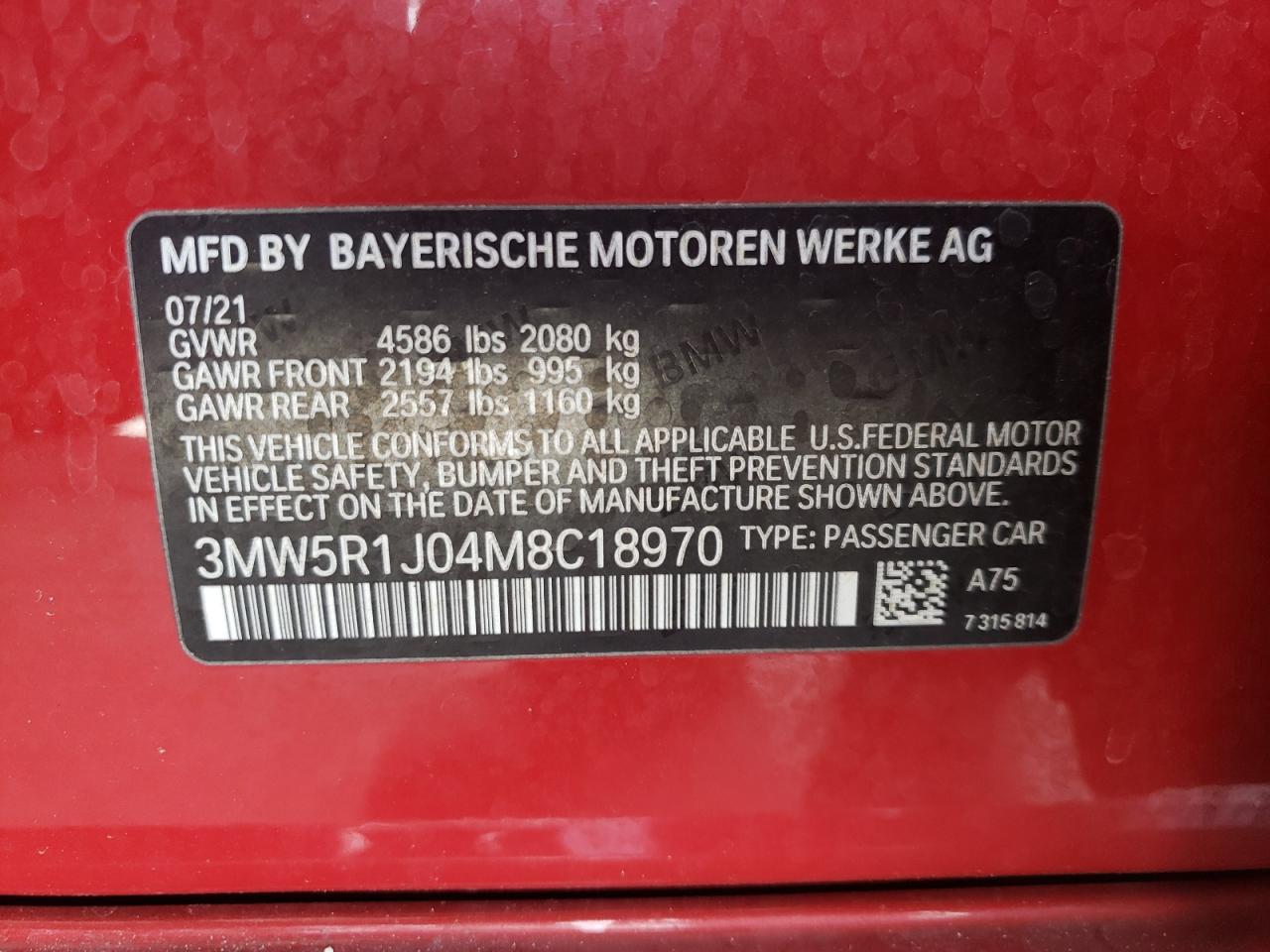 3MW5R1J04M8C18970 2021 BMW 330I