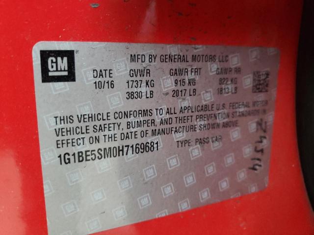 VIN: 1G1BE5SM0H7169681 Auction: COPART Lot: 51981562 Location: NY - LONG ISLAND 1G1BE5SM0H7169681 CHEVROLET CRUZE 2017 RED Photo 10
