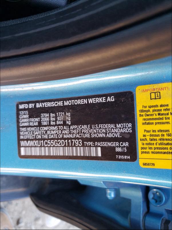 2016 MINI COOPER WMWXU1C55G2D11793