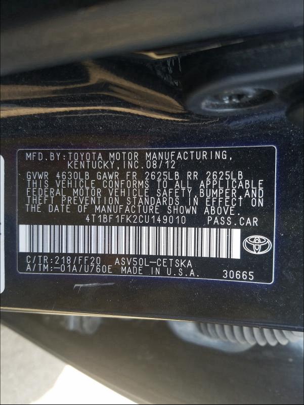 2012 TOYOTA CAMRY 4T1BF1FK2CU149010