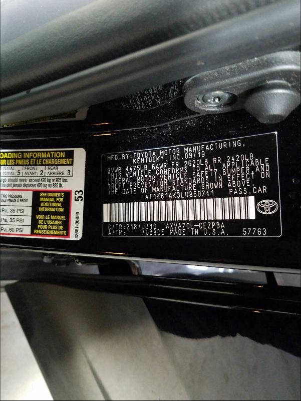 2020 TOYOTA CAMRY 4T1K61AK3LU860741