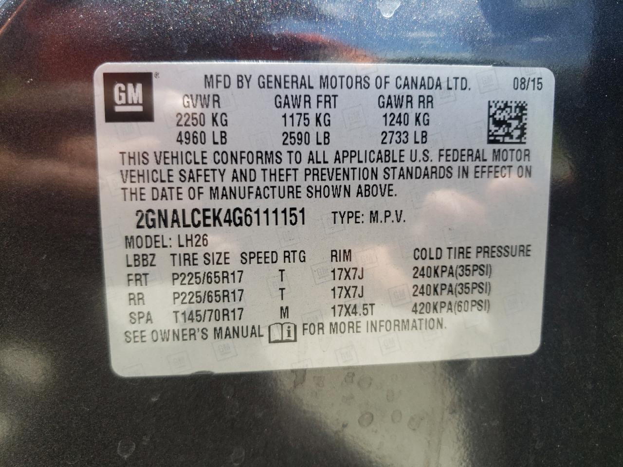 2GNALCEK4G6111151 CHEVROLET EQUINOX 2016